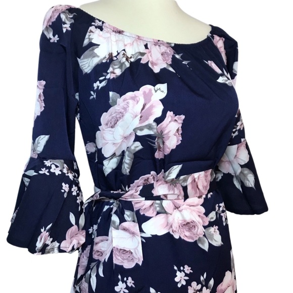 Boho Off Shoulder Navy Floral Chiffon Mini Dress - Picture 9 of 13